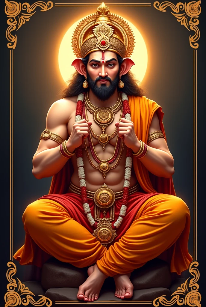 Hanuman Ji in Devotional Posture : Hanuman Ji, depicted in a vibrant, traditional style, sitting in a meditative pose with a serene expression, surrounded by symbols representing the eight Navadattas such as wealth, happiness, and health.