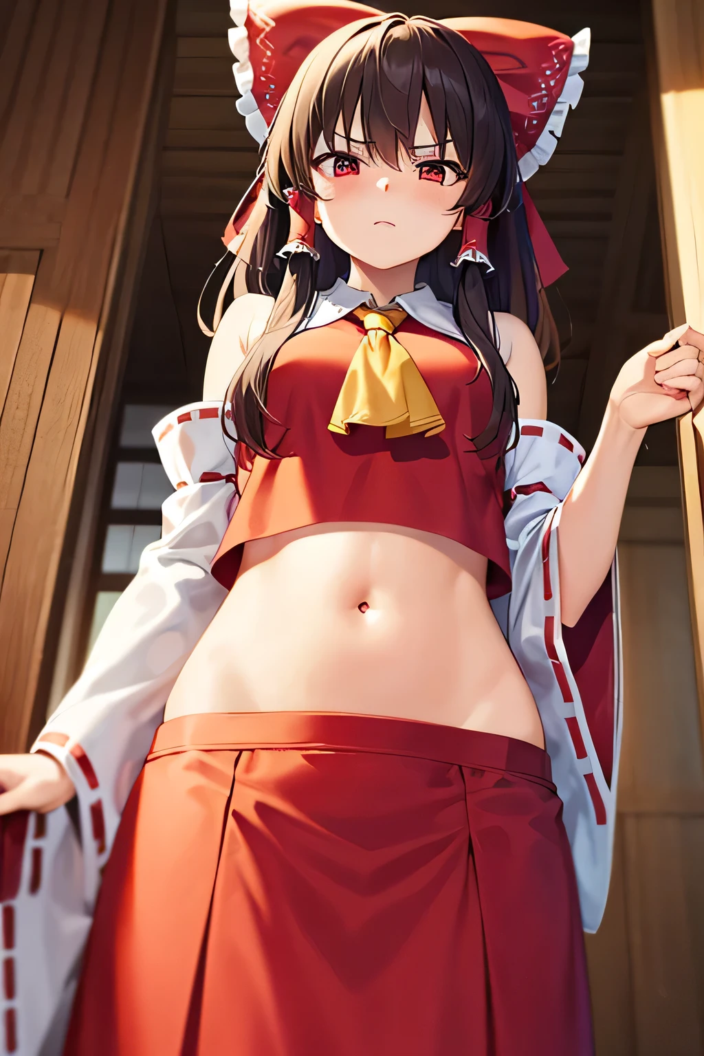super fine illustration, vibrant colors, masterpiece, sharp focus, best quality, depth of field, cinematic lighting, ultra detailed, blush, annoyed, belly button, navel , tummy, shrine maiden, hakurei reimu, 1girl, hair bow, ascot, hair tubes, detached sleeves, looking down, red shirt, red skirt, very long hair, very messy hair, dark brown hair, indoors, mature woman, ,hakurei reimu, 1girl, hair bow, ascot, hair tubes, miko, detached sleeves,Reimu Hakurei, half shirt, long skirt, choker, fingerless gloves