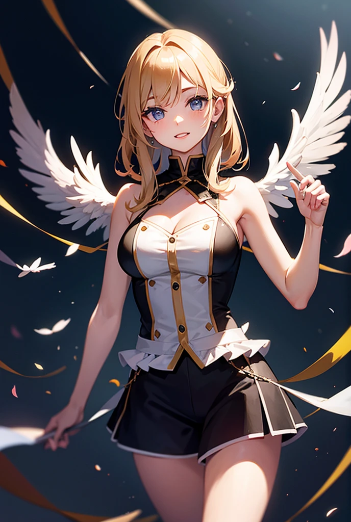 1 girl, cowboy shot, solo, perfect anatomy, standing, spread arms, mami tomoe, masterpiece, best quality, highres, big breast, motherly kind smile, half-opened eyes, happy, (skirt lift, self lift, white panties:1.2), sacred, glitter, sparkle, god ray, tyndall effect, scenery, pov