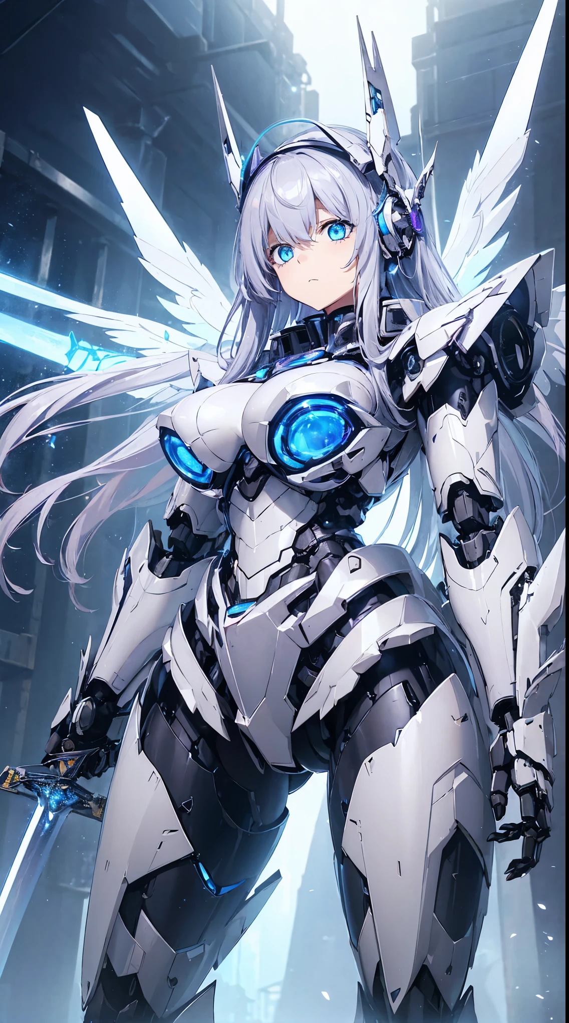 (Sit with one knee on the machine:1.6)、(Full body description:1.3)、((Shining lenses on both breasts:1.3))、((Blue pillars of light are emanating from both chests.:1.3))、smile、((8k)), ((32k)), ((Highest quality)), ((masterpiece)), ((超A high resolution)), ((Tmasterpiece)), ((halo:1.4))、((Mechaニカルheadgear:1.2))、((Cyber headphones:1.3))、Fine skin, High quality fabric, Fine metal texture、((Beautiful and dense face))、RAW Photos、Professional, Ultra-fine painting, ((alone)), Beautiful breasts、Highest quality, Very detailed, Very detailed詳細, Finer details, so beautiful, ((Princess Knight Robot:1.2)), (Joints of machines, Mechanical Limbs:1.3), (The internal structure of the machine is exposed:1.3), (Long silver hair:1.1), (Beautiful and huge mechanical breasts)、White Veil, cowboy_shot, Side Focus, headgear, Shiny、(Five Fingers, Four fingers and thumb),Concept Art, Anime fantasy artwork, Detailed fantasy art, (with pale blue-violet hair and large white wings,,,,,,,), (((Long silver hair))), (Mecha:1.6)、Sleek and intimidating design, ((Commander-in-Chief'arm)), (Perfect robot body)、純白と青紫armまたは, Symmetrical wings, 8K high quality, detailed art, 3D rendering of character art in 8K, neat legs, Defined, Defined fingers,