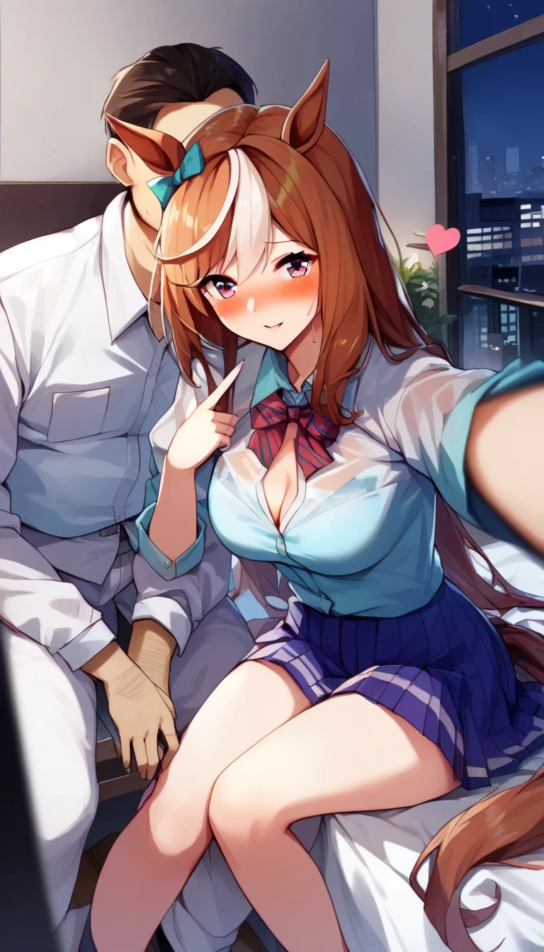 safe_pos, score_9, score_8_up, score_7_up, source_anime, uncensored, BREAK, night, indoors, city, Couple Selfie, 1girl, 1boy, bent over, looking down top, cleavage,(((1girl,1boy))),umamusume(symbolirudolf),Brown hair,long hair,animal ears,streaked hair,horse tail,blush,(((embarrassed))),(((very short pleated miniskirt))),(((see-through collared shirt))), break(((((Fat middle-aged man))))),((suits)),((cheek-to-cheek)),((couple sitting)),bed,spoken heart,((selfie)),put girl hand in boy's pants,covered penis