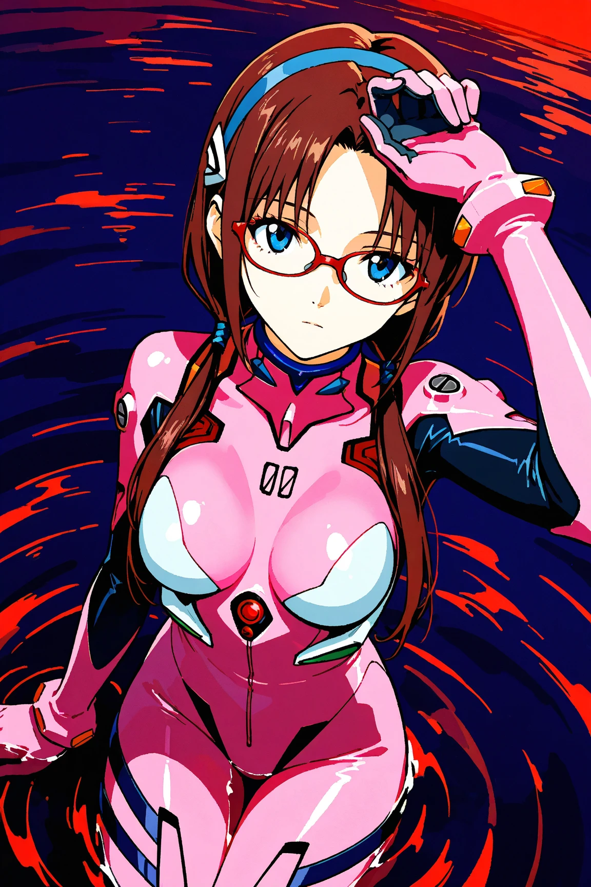 1 Girl,Mari Illustrious Makinami_Neon Genesis Evangelion,long hair,brown hair,twintails,(low twintails:1.5),hairband,blue hairband,blue eyes,(parted bangs:1.5),bodysuit,red-framed eyewear,pilot suit,plugsuit,pink bodysuit,BREAK expressionless,hand on forehead,looking up,BREAK masterpiece,best quality,BREAK red ocean,partially submerged,from above:1.4