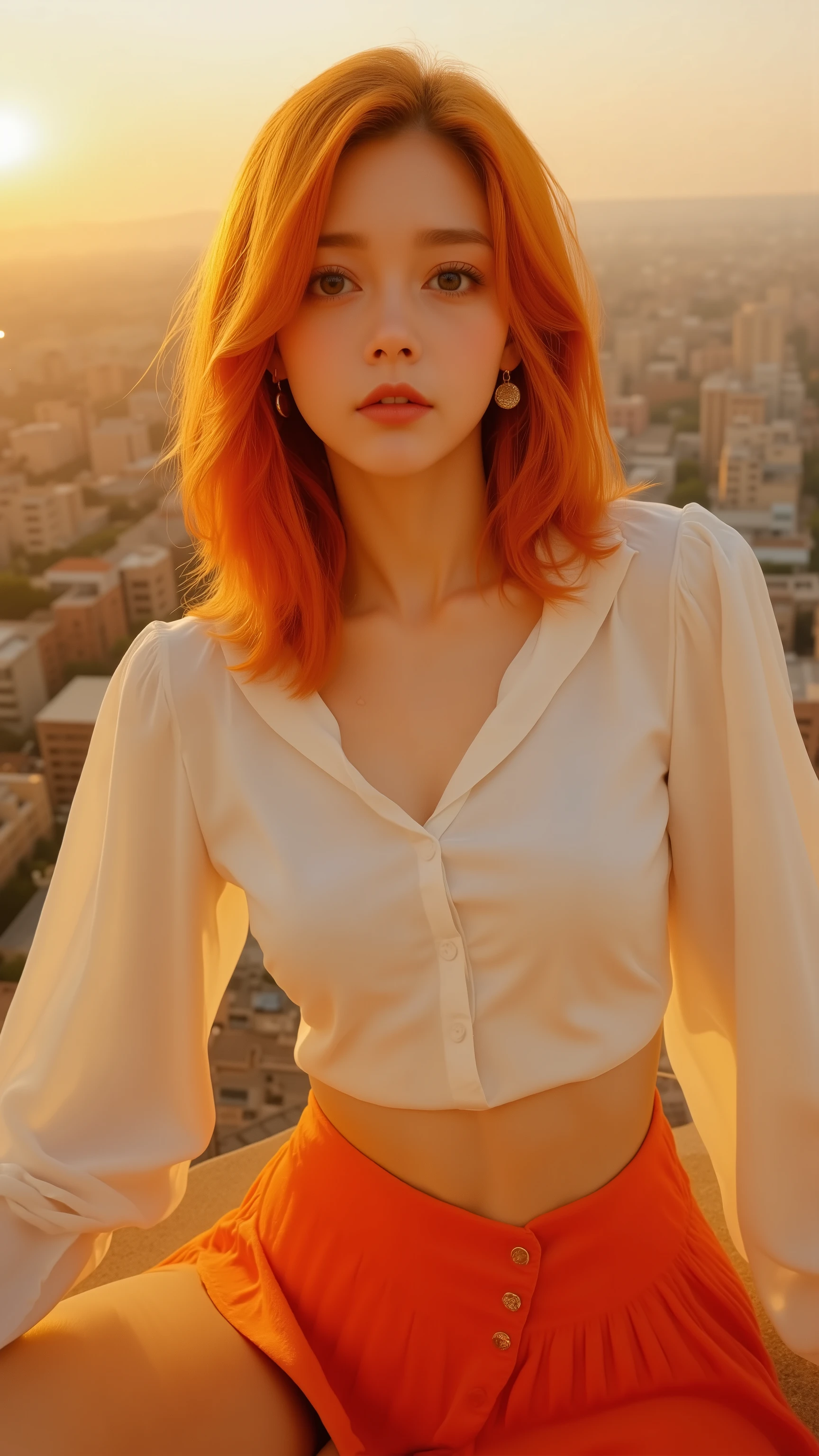 realistic, Masterpiece, top quality, woman, fisheye, (( Styling shoulder-length orange-red hair with slightly twisted hair, cityscape at sunset, warm shades of orange and yellow, white pure white long-sleeve blouse with loose buttons, high-waisted-fit long, pleated orange skirt, thigh-high slit, expression staring straight into the camera. The overall lighting suggests a golden time setting where the sun shines a warm light on her skin and clothes, and the urban landscape is a little blurry, highlighting women as the center of the image, with the overall aesthetic being stylish and fashionable. )) ( Surrealism background )