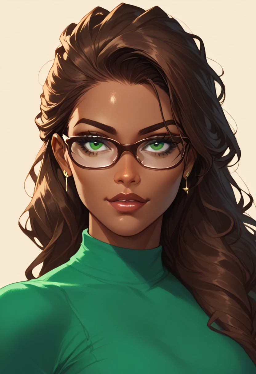 1 woman, airhead but very intelligent, mixed race Latina, olive green eyes,tan skin ,dark complexion, straightened and tied long dark brown hair,nerd, glasses, comics style , smart ,nerd