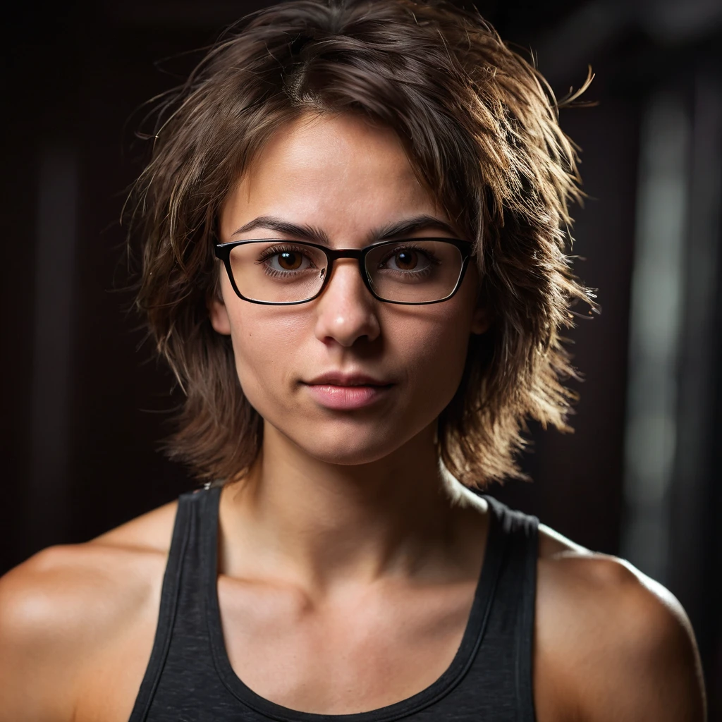 1 cute russian muscular strong tomboy girl 33yo with tiny breast, beautiful young rounded face, blurry, blurry background, (dark brown eyes with ironic look), glasses, depth of field, eyelashes, indoors, sweet nice lips, looking at viewer, small cute wide nose, photo \(medium\), upper body portrait, photorealistic, very shaggy brown hair, boyish short messy disheveled hair, wide shoulders, black tight tank top, toned muscles, solo, teeth dark background