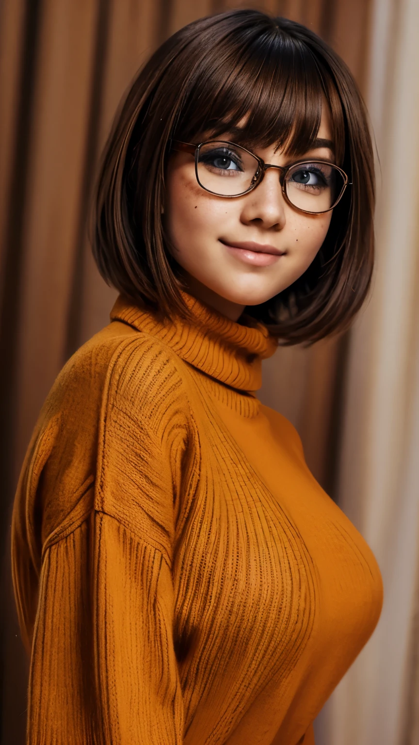 masterpiece,best quality, highly detailed, score_9, score_8_up, score_7_up, score_6_up,source anime, velma,1girl, glasses, solo, breasts, brown hair, turtleneck, sweater, brown eyes, short hair, freckles, large breasts, lips, smile, full body, turtleneck sweater, orange sweater, thigh high socks, looking at viewer, bangs, parted lips,