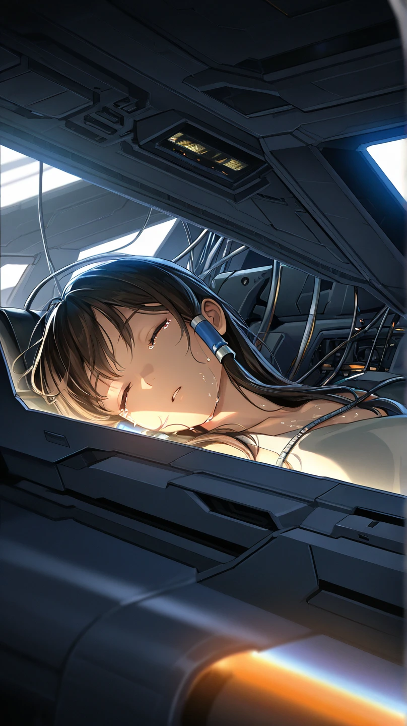 an unconscious woman, sleeping, tears, tubes and cables on body, spaceship cockpit, futuristic, dramatic lighting, close up, teddy beside woman