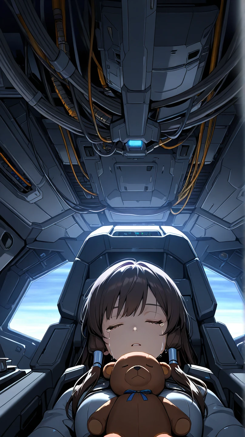 an unconscious woman, sleeping, tears, tubes and cables on body, spaceship cockpit, futuristic, dramatic lighting, close up, teddy beside woman