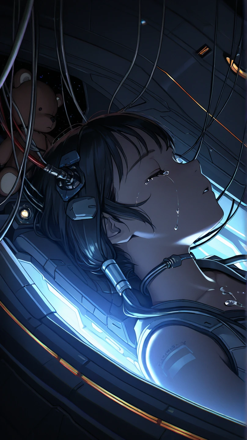 an unconscious woman, sleeping, tears, tubes and cables on body, spaceship cockpit, futuristic, dramatic lighting, close up, teddy beside woman