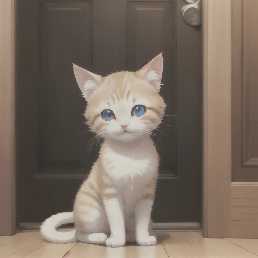 there is a small kitten sitting on the floor next to a door, an adorable kitten, cute furry needs your help, a cute cat, with cute doting eyes, cute cat, cute kitten, the cutest kitten ever, she has a cute face, with pointy ears, awesome cat, a handsome, perfect expression, has two adorable blue eyes, cute but determined