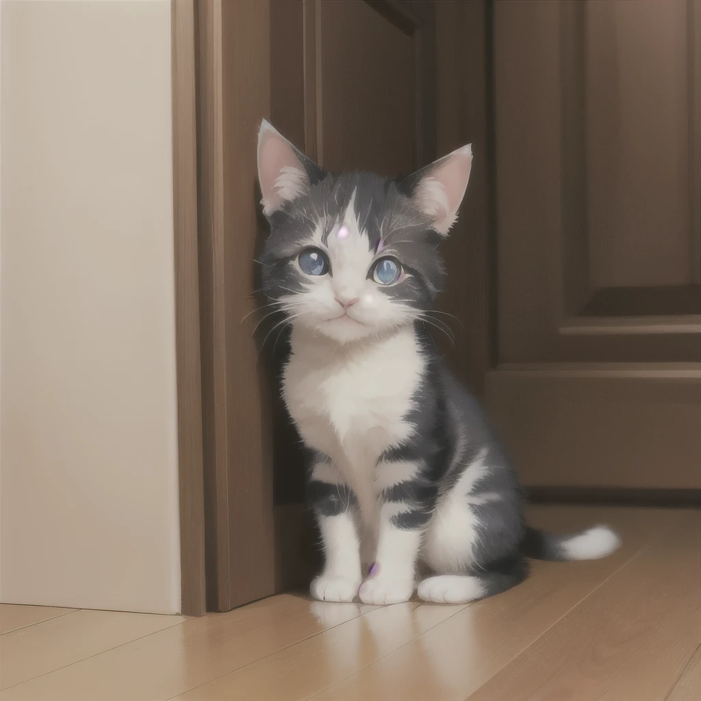 there is a small kitten sitting on the floor next to a door, an adorable kitten, cute furry needs your help, a cute cat, with cute doting eyes, cute cat, cute kitten, the cutest kitten ever, she has a cute face, with pointy ears, awesome cat, a handsome, perfect expression, has two adorable blue eyes, cute but determined