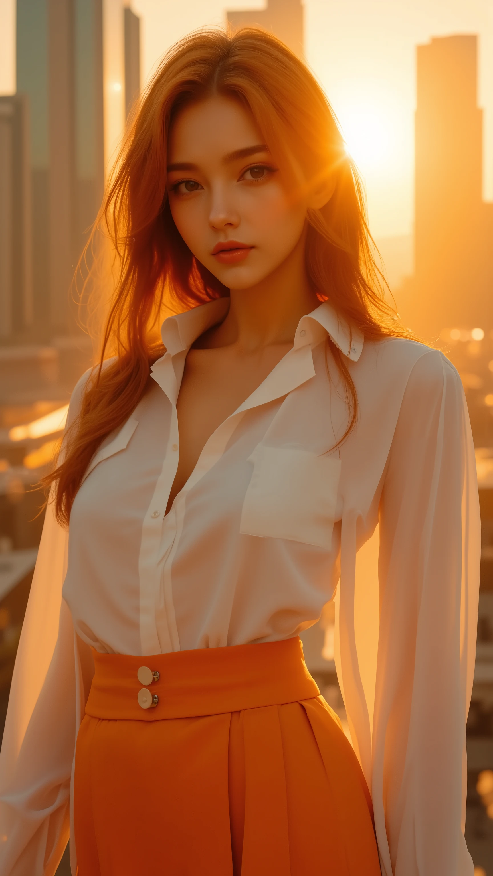 realistic, Masterpiece, top quality, woman,  ((  Styling shoulder-length orange-red hair with slightly twisted hair, cityscape at sunset, warm shades of orange and yellow, white pure white long-sleeve blouse with loose buttons, high-waisted-fit long, pleated orange skirt, thigh-high slit, expression staring straight into the camera. The overall lighting suggests a golden time setting where the sun shines a warm light on her skin and clothes, and the urban landscape is a little blurry, highlighting women as the center of the image, with the overall aesthetic being stylish and fashionable.  ))  ( Surrealism background )