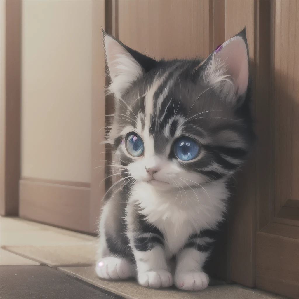 there is a small kitten sitting on the floor next to a door, an adorable kitten, cute furry needs your help, a cute cat, with cute doting eyes, cute cat, cute kitten, the cutest kitten ever, she has a cute face, with pointy ears, awesome cat, a handsome, perfect expression, has two adorable blue eyes, cute but determined