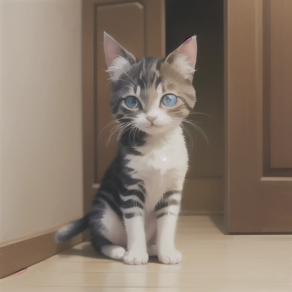 there is a small kitten sitting on the floor next to a door, an adorable kitten, cute furry needs your help, a cute cat, with cute doting eyes, cute cat, cute kitten, the cutest kitten ever, she has a cute face, with pointy ears, awesome cat, a handsome, perfect expression, has two adorable blue eyes, cute but determined