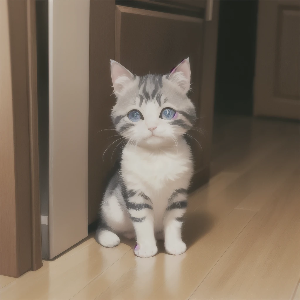 there is a small kitten sitting on the floor next to a door, an adorable kitten, cute furry needs your help, a cute cat, with cute doting eyes, cute cat, cute kitten, the cutest kitten ever, she has a cute face, with pointy ears, awesome cat, a handsome, perfect expression, has two adorable blue eyes, cute but determined