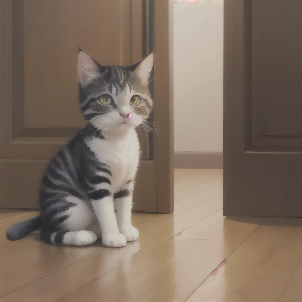 there is a small kitten sitting on the floor next to a door, an adorable kitten, cute furry needs your help, a cute cat, with cute doting eyes, cute cat, cute kitten, the cutest kitten ever, she has a cute face, with pointy ears, awesome cat, a handsome, perfect expression, has two adorable blue eyes, cute but determined