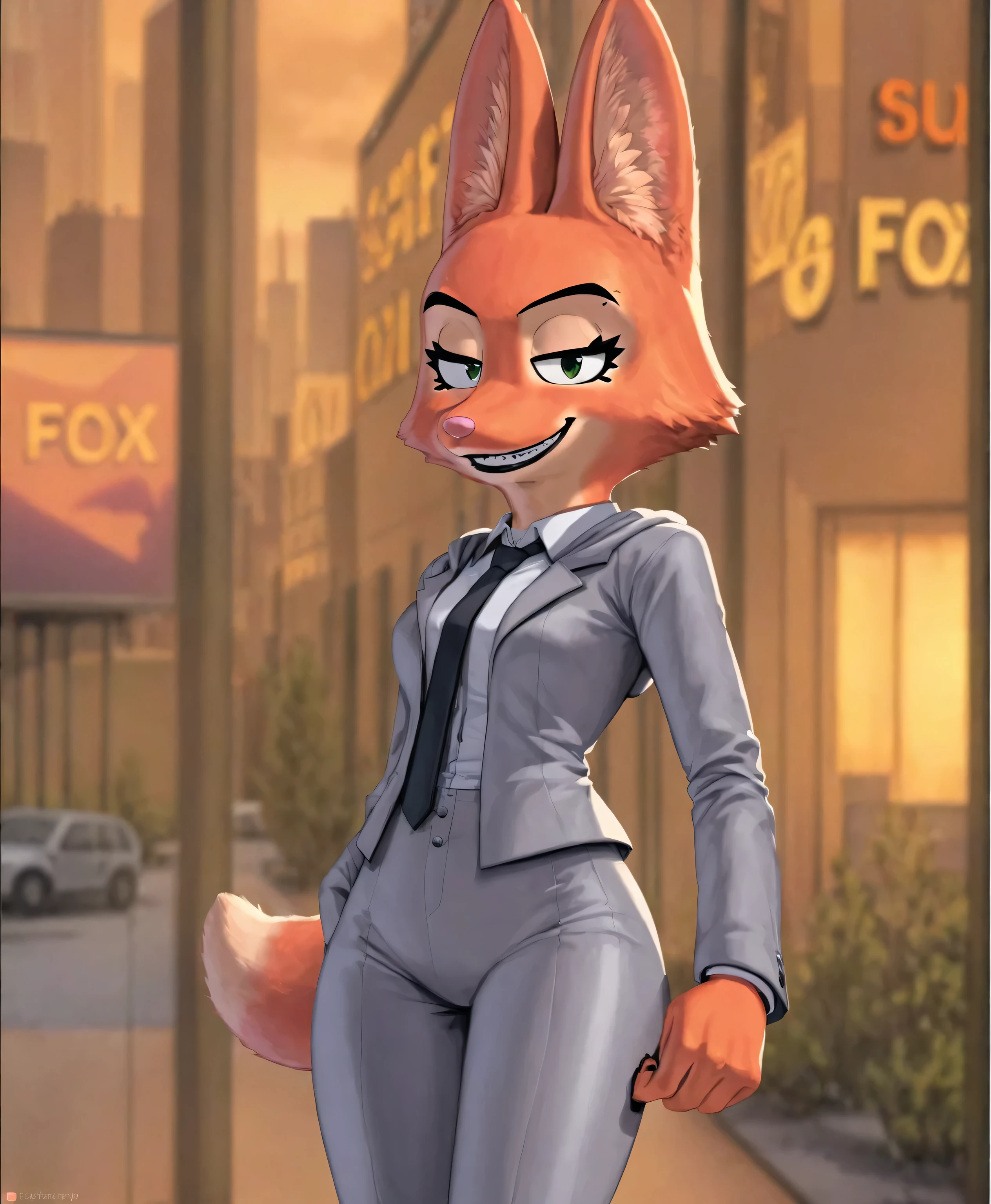 ((Diane_Foxington)), ((masterpiece)), ((high resolution)), ((solo portrait)), {(attractive figure), (orange fur), (fox tail), (fox ears), (pink nose), (black lips), (sharp eyelashes), (hooded eyes), (cute green-gradiant eyes), (smug smirk)}, {(grey pantsuit)}, {(looking at viewer)}, ((city)), ((nighttime))