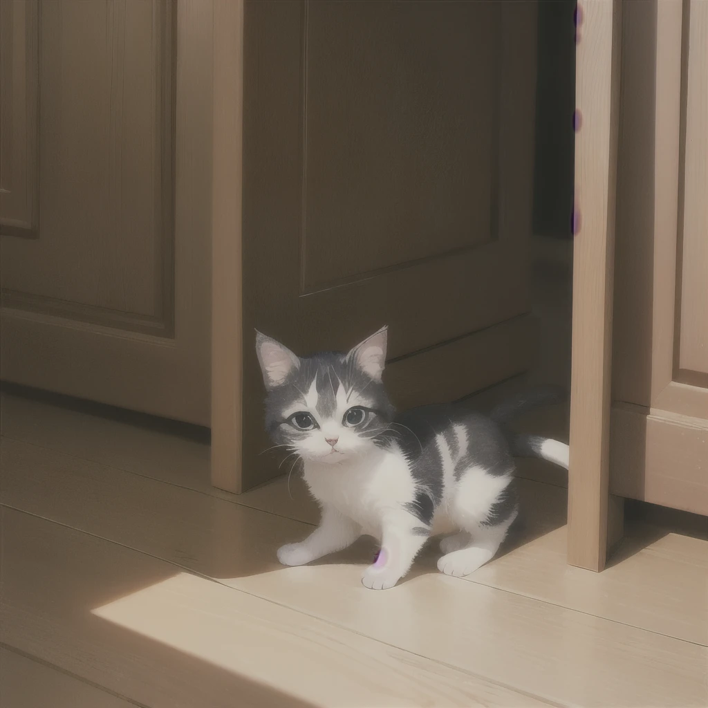 there is a small kitten sitting on the floor next to a door, an adorable kitten, cute furry needs your help, a cute cat, with cute doting eyes, cute cat, cute kitten, the cutest kitten ever, she has a cute face, with pointy ears, awesome cat, a handsome, perfect expression, has two adorable blue eyes, cute but determined