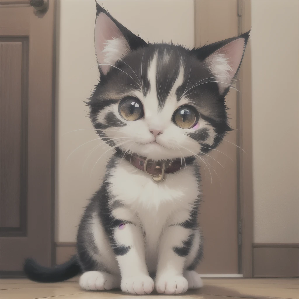 there is a small kitten sitting on the floor next to a door, an adorable kitten, cute furry needs your help, a cute cat, with cute doting eyes, cute cat, cute kitten, the cutest kitten ever, she has a cute face, with pointy ears, awesome cat, a handsome, perfect expression, has two adorable blue eyes, cute but determined