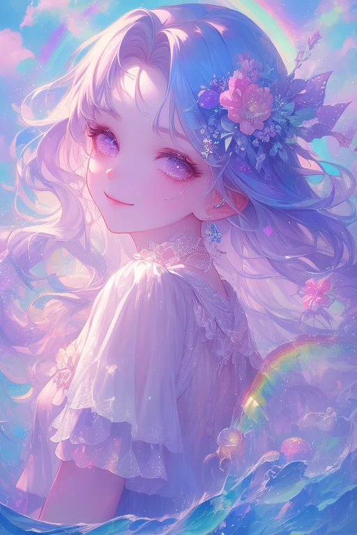 (masterpiece, top quality,  top quality , watercolor ( medium ),  Official Art,  beautiful and aesthetic : 1.2), ( 1 girl: 1.3), ( fractal art : 1.3), , Good , smile,  sunny day,  cheerful,  look viewer,  pattern,  wave, (Rainbow Hair,  colorful  Hair: 1.2), null, gas, cloud,  colorful ,   soap bubbles 