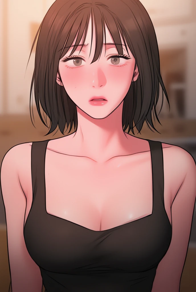 (masterpiece), best quality, expressive eyes, perfect face, broad shouldered young woman, detailed eyelashes, sharped eyes, korean girk, large eyes, half closed eyes, beautiful lips, round iris, mature girl, young adult, solo, masculine face, large face, jaw, large mouth, semi-realistic nose, sanpaku eyes, defined nose

huge chest, hourglass body, looking at viewer 

(very black hair), blunt bangs, short straight hair, gray eyes, blush, lovely look, (warm teeth smile), at day, at classroom (manhwa female)

black tank top, manhwa style, soft colors, opaque filter, by Rangrarii