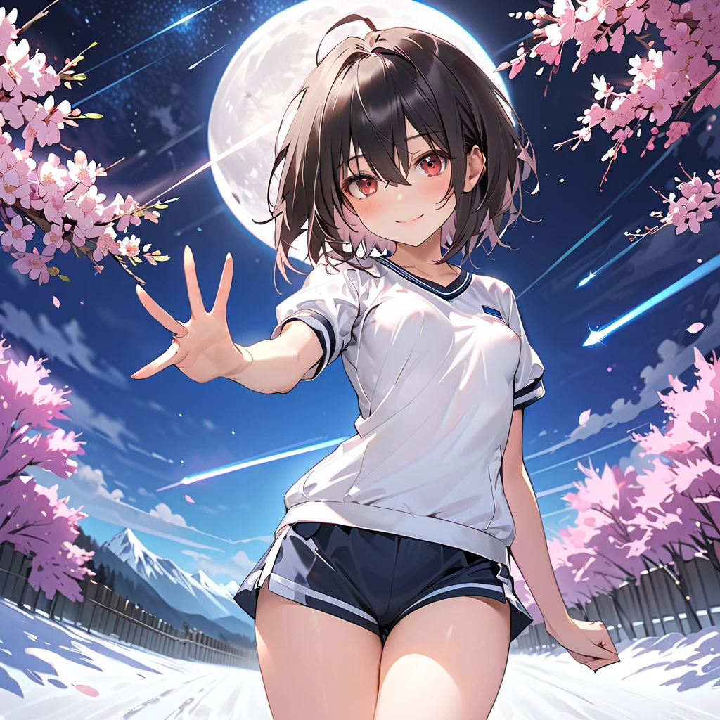 ( Perfect Anatomy), ((32K)), (( top quality )), ((超 high res)), (( high res)), ((超 high res)), (( very detailed CG pinching boob)) , 1 high school girl, red eyes、 black hair, short hair 、smile、blush、( small breasts:1.5),(white gym uniform),(Thighs:1.5),night、moon、 shooting star、cherry blossoms、snow、 cowboy shot,blanc \(Neptunia )\