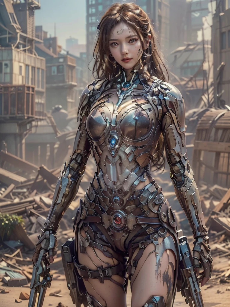 High quality, 8k resolution, real photos, a mecha girl with long hair, brown hair, (medium breasts: 1.1), chinese girl, skinny, navel, shitu-mecha behind the girl, magnificent, chinese house, war-damaged ruins, photo by brandon wolfelmist, surreal dreams, dynamic, lut, hdrm professional lighting, photon mapping, radiosity, physically based rendering, exquisite realism, aray dynamic and expressive animation, (Sunny days: 1.2), (afternoon on the street: 1.1).