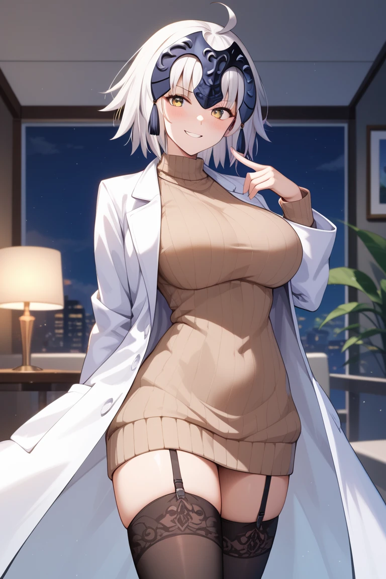 masterpiece,best quality,{{detailed beautiful face and eyes}}, 
Jeanne d'Arc Alter,{{{megami magazine}}},short hair,white hair,hair between eyes,headpiece,yellow eyes,large breasts,
(white labcoat:1.3),(black miniskirt:1.1),thighhighs,(black garter straps:1.2),(brown sweater:1.2),busty,
1girl,(is smug:1.0),
 ((standing,cowboy shot,looking at viewer:1.2)), 
(living room,night:1.0),clothed