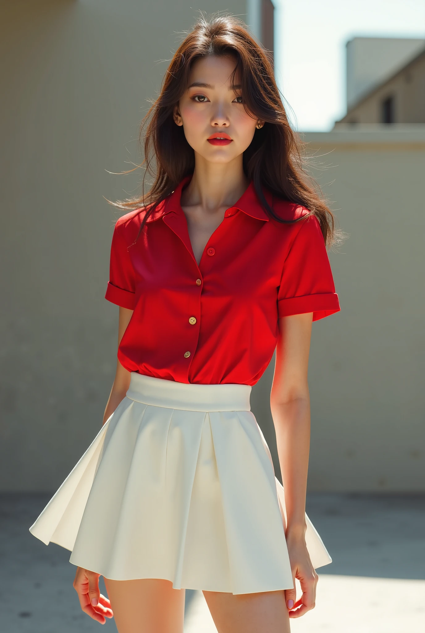 Arafed woman in a red shirt and white skirt posing for a picture ...