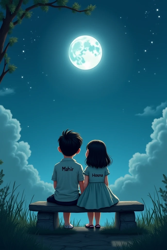 A boy with his name Shahbaz written on his back and a girl with her name Naziya written on her back, talking about love in the moonlight at night on the roof of the house Both their faces should be towards the moon and on their backs, Naziya  should be written on the girl's back and Shahbaz should be written on the boy's back and have a heart above their head And a dove from the moon, Naziya is flying with a letter in the name of The girl's name must be written on her back, her name is Naziya 