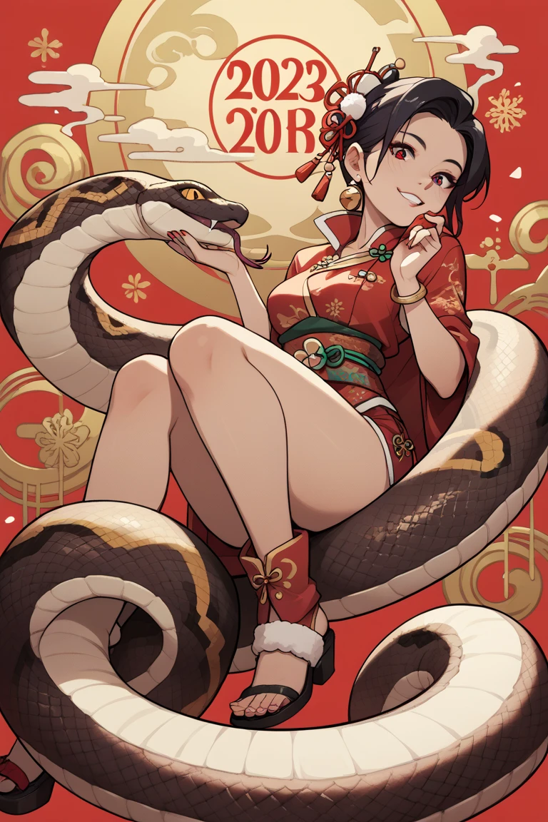  A human foot in the upper body is a snake,       New Year's Eve,   red black  , New Year small object as background  ,    Strong viewing angle 