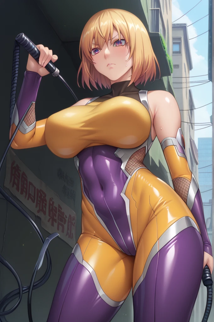  interruption source _Anime, viewers sweat a lot, 1 girl, bangs, underbust,  THIG-LENGTH SOCKS,large breasts, (taimanin suit), (two breast), , dark alleyナイトシティ,  taimanin suit, body suit, beautiful detailed eyes, ガニ股, latex, leotard, SM , whip, black bondage, Nakano yosuba