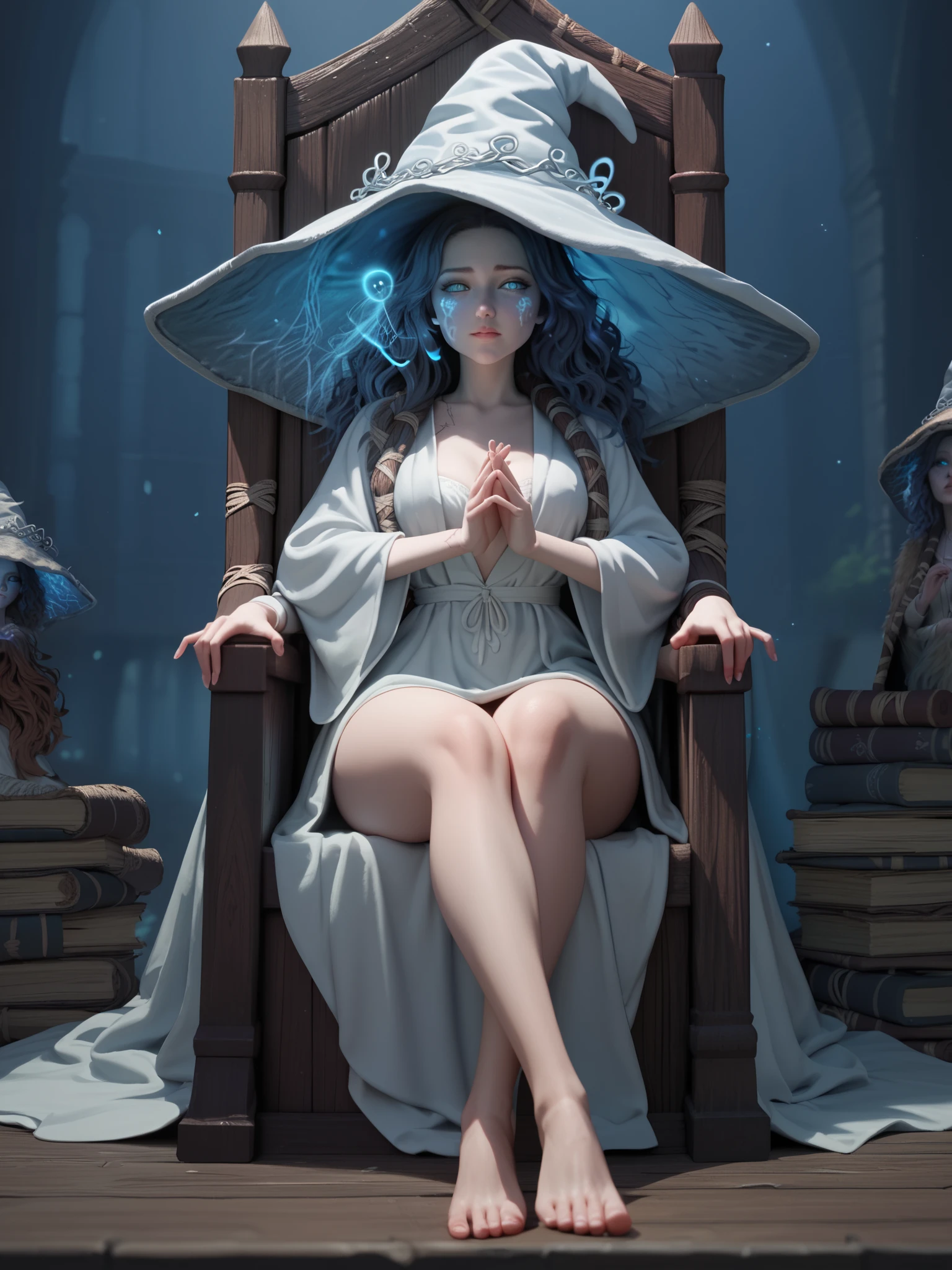 Ranni the witch, four arms, light blueish skin tone, big pointy wizard hat, white wizard robe, arms out, thighs out, sitting crosslegged on wooden throne, bare feet, fullbody