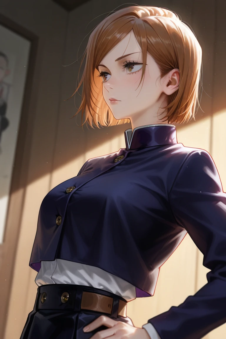 nobara kugisaki, <lora:jjk_kugisaki:0.9>, houdini render, 8k uhd, raytracing, cgi, lumen reflections, BREAK
kugisaki nobara, bob cut, (brown eyes:1.5), orange-brown hair, short hair, smug, school uniform, cropped jacket, high-waist skirt, pantyhose, breasts, looking at viewer, action pose,
indoors, old house,
BREAK (masterpiece:1.2), best quality, high resolution, (beautiful detailed eyes:1.6), extremely detailed face, perfect lighting, (perfect hands, perfect anatomy), official art, keyvisual