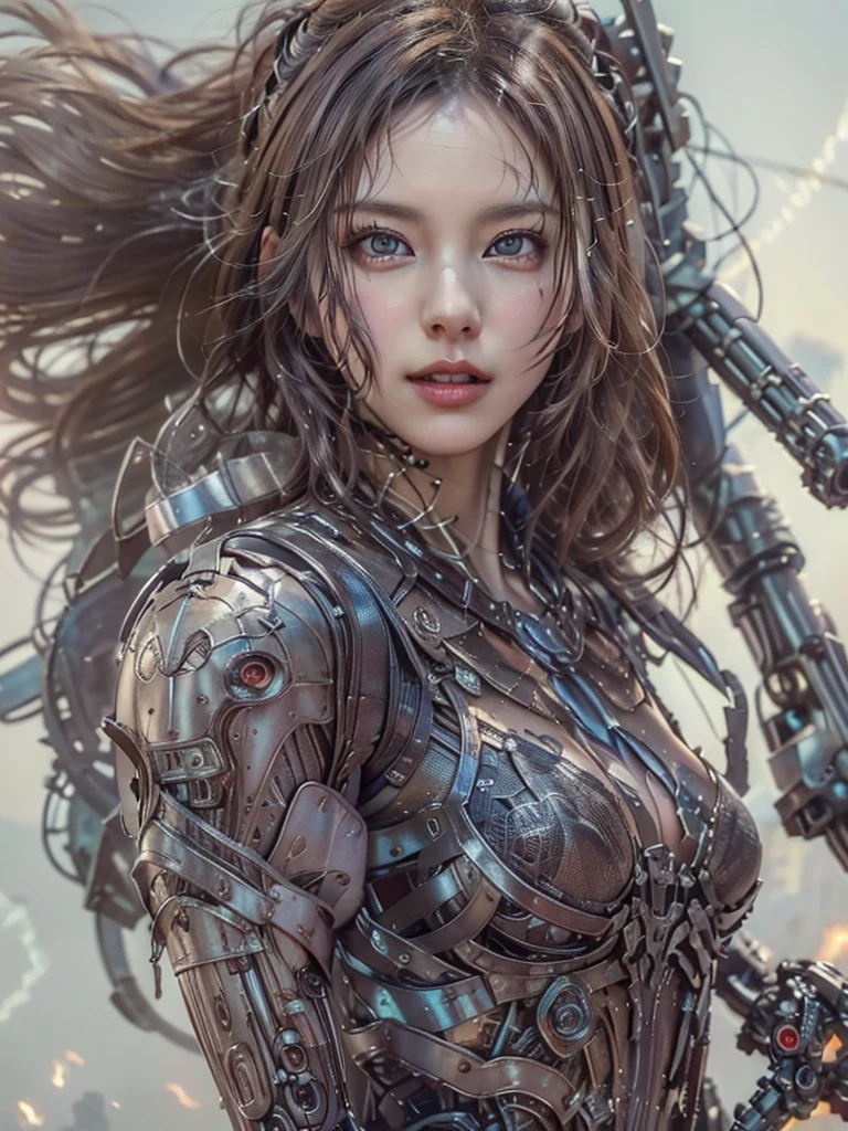 ​masterpiece, top-quality, hightquality, (the future:1.1), (Silver-ash colored cyberpunk suit), movie lights, (exquisite future), Beautiful and beautiful, ultra-detailliert, amazing composition, floating, depth of fields, (extremely details CG,Unity 8k壁纸), (beautiful detail background), beautiful hair details, dramatic lights, gogetta, mechs,Best Quality,超A high resolution,photoRealstic,tits out,cleavage of the breast,(Hair that flutters in the wind),((Angle from below)),(Angry look),((Fashion poses)),((thunder)),(Very strong wind),(Hair fluttering in strong wind),Wet,Spread your arms