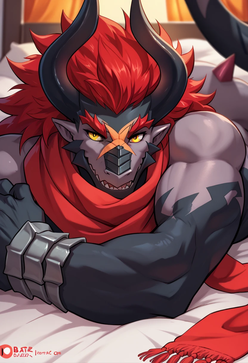 solo, breath (ultra detailed), a beautiful and detailed full size portrait of a male anthro batzz, demon lord dragon batzz, dragon tail, green eyes, glowing eyes, black body, black skin, long hair, red hair, horns, scar, tail, bedroom eyes, detailed eyes, big body, sexy body, (wide body). goddess, kenket, Ross Tran,ruan jia, trending on artstation,foxovh, cenematic lighting, buff, big pecs, muscular anthro, spike arms, strong legs, ((big pecs, nipples, big pecs, blue shorts, bulge))), day, wet, front view, front shot, standing, seductive, pose, sexy, strong legs, open mouth, ruins, ((covering bulge)), sweating,