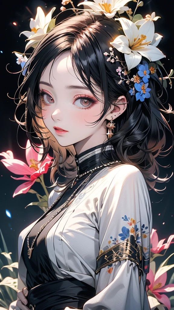(masterpiece, High resolution, Highest quality), 20-year-old woman, Exposed cleavage, Gothic Lolita Fashion:1.2, Petal Collage, Japanese pattern, Dark, Anime Style, Simple lines, Digital Painting,