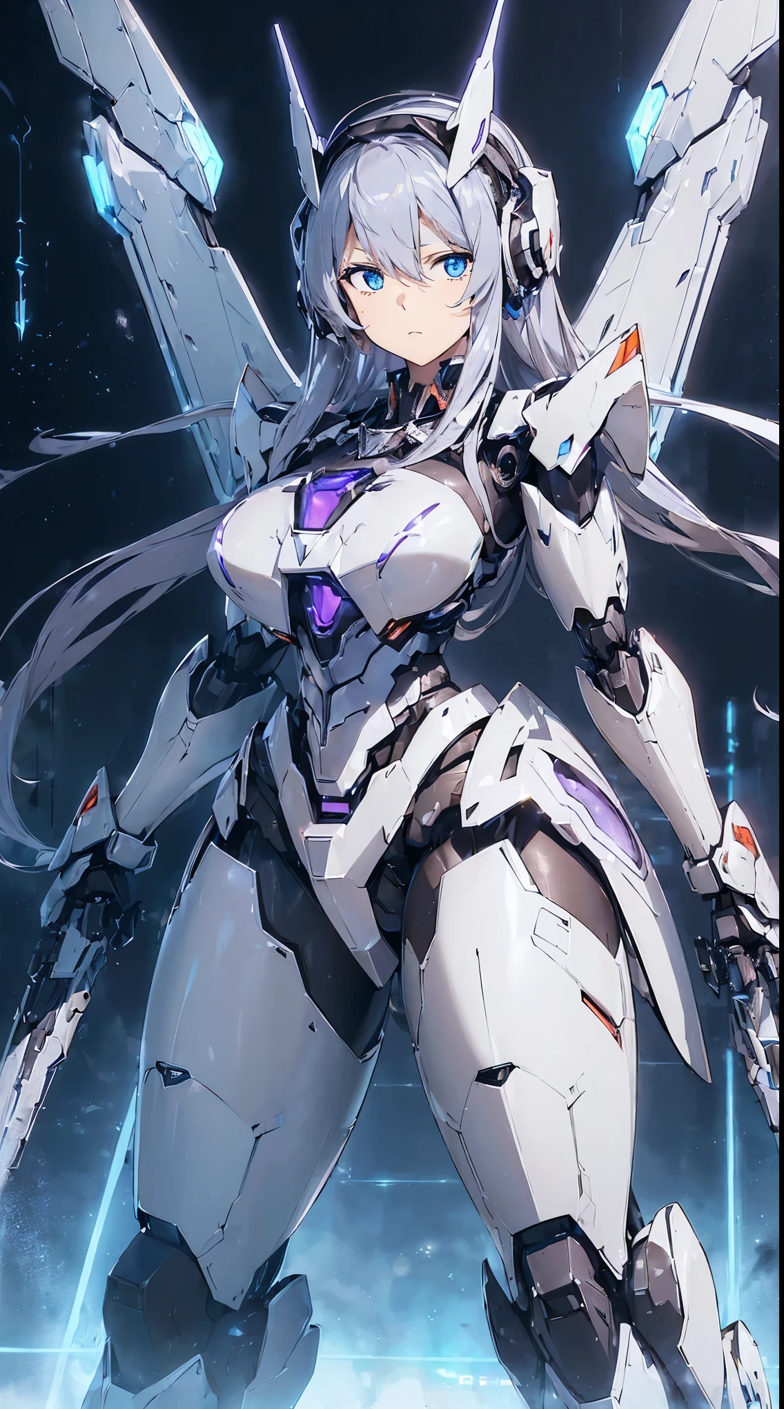 ((Intense action pose:1.6))、((Shining lenses on both breasts:1.3))、((Blue pillars of light are emanating from both chests.:1.3))、smile、((8K)), ((32k)), ((Highest quality)), ((masterpiece)), ((超A high resolution)), ((Tmasterpiece)), ((Halation:1.4))、((Mechaニカルheadgear:1.2))、((Cyber Headphones:1.3))、Fine skin, High quality fabric, Fine metal texture、((Beautiful and dense face))、RAW Photos、Professional, Ultra-fine painting, ((alone)), Beautiful breasts、Highest quality, Very detailed, Very detailed詳細, Finer details, so beautiful, ((Princess Knight Robot:1.2)),  (Joints of machines, Mechanical Limbs:1.3), (The internal structure of the machine is exposed:1.3), (Long silver hair:1.1), (Beautiful and huge mechanical breasts)、White Veil, cowboy_shot, Side Focus, headgear, Shiny、(Five Fingers, Four fingers and thumb),Concept Art, Anime fantasy artwork, Detailed fantasy art, (with pale blue-violet hair and large white wings,,,,,,,), (((Long silver hair))), (Mecha:1.6)、Sleek and intimidating design, ((Commander-in-Chief&#39;arm)), (Perfect robot body)、純白と青紫armまたは, Symmetrical wings, 8K high quality, detailed art, 3D rendering of character art in 8K, neat legs, Defined, Defined fingers,
