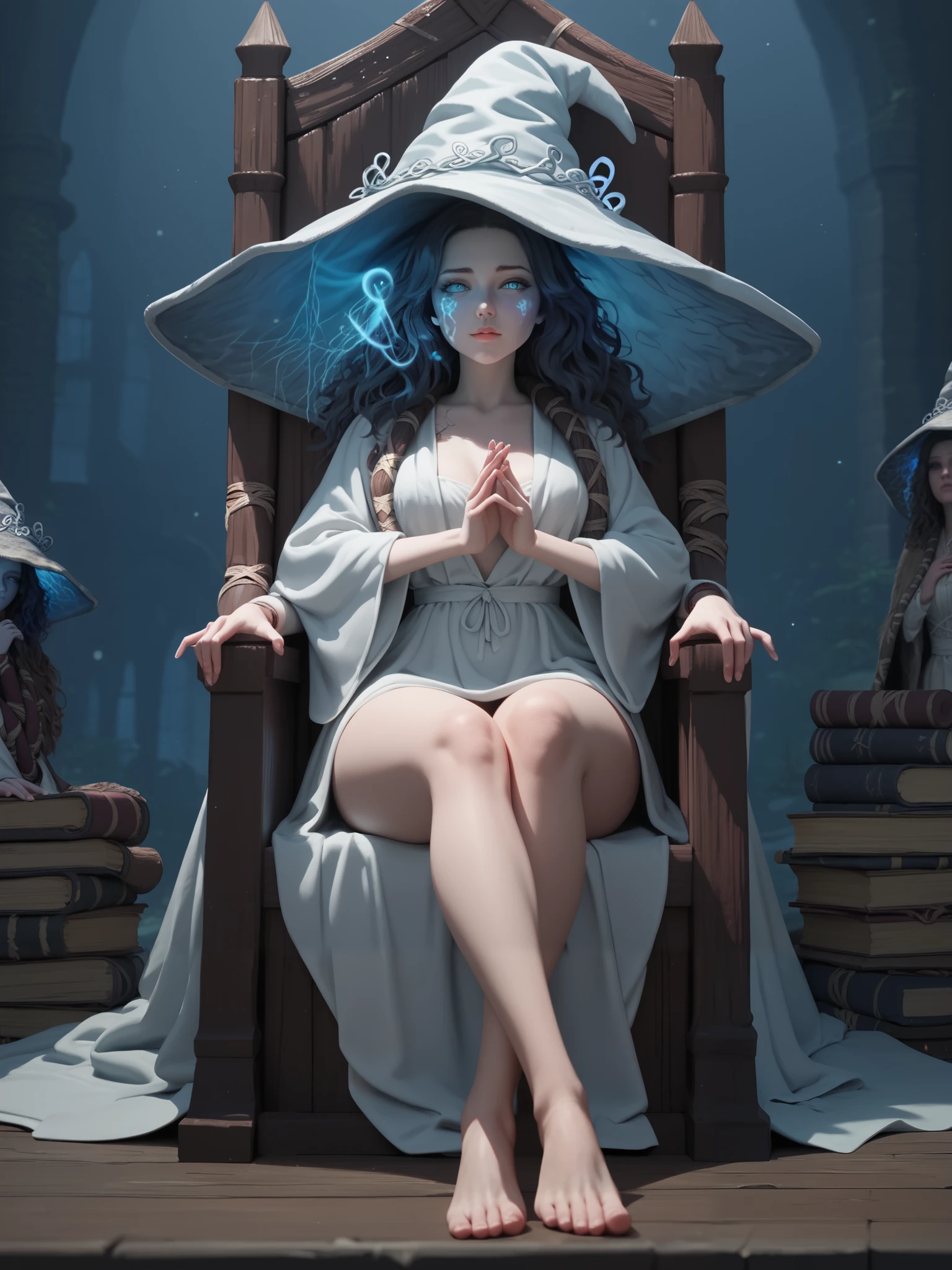 Ranni the witch, four arms, light blueish skin tone, deep dark red hair, big pointy wizard hat, white wizard robe, arms out, thighs out, sitting crosslegged on wooden throne, bare feet, fullbody