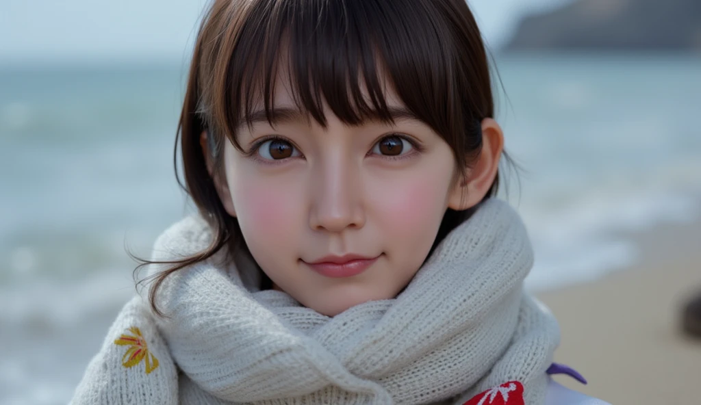 (Highest quality: 1.5), (masterpiece: 1.2), (Realistic: 1), 4K, (RAW Photos: 1.1), 1 person, Baby Face, 20-year-old, Looking at the audience, Black Hair, Icelandic, snow, ice, cold, Eskimo, Portraiture, winter, gloves, scarf, close your eyes, smile, cute, Upper Body, snow piled up, Wide Shot,