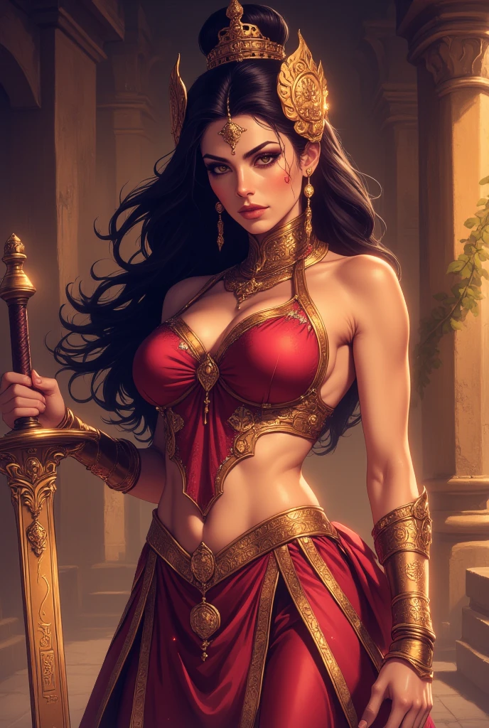 an illustration in banner format , An Amazon posing as an Inferior Physical Goddess, Spain MODEL. long hair. big hips. small waist. Spanish goddess wear/attire . Image style and definition: ultra realistic photo, feminine figure, portraits, bold lines, brim with confidence and courage. hoplite.