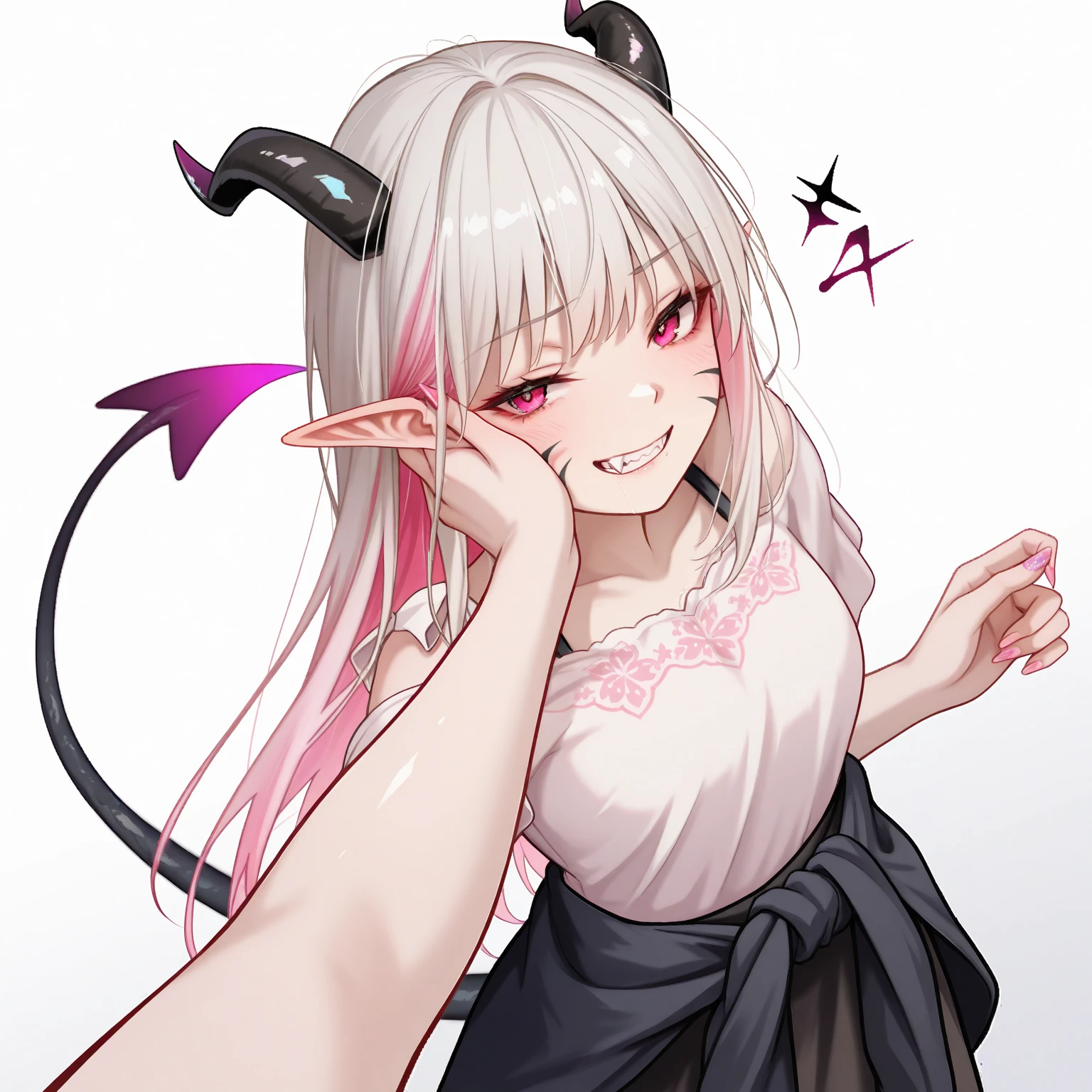 "A young, pale-skinned humanoid girl standing at 110 cm tall, with a delicate and underweight frame. Her skin is pure white with faint cherry blossom pink hues on her cheeks, elbows, and knees. She has extremely long, perfectly straight silver hair with iridescent tones, reaching the ground, and a strand partially covering her face due to her sleek, black horns with silver streaks. Her pointed elf-like ears peek out from beneath her hair. She has vibrant pink eyes that shimmer delicately, with a neutral yet subtly mischievous expression. Her sharp, jagged teeth, including prominent fangs, are visible as she slightly smirks. Her slender hands end in sharp, claw-like nails, and a long, whip-like tail extends behind her. She wears a tattered cloth around her waist, leaving most of her body exposed, and her long hair partially covers her. The background is a dark, eerie forest, enhancing her otherworldly, dangerous aura. Despite her delicate appearance, there is a menacing yet hauntingly beautiful presence about her."