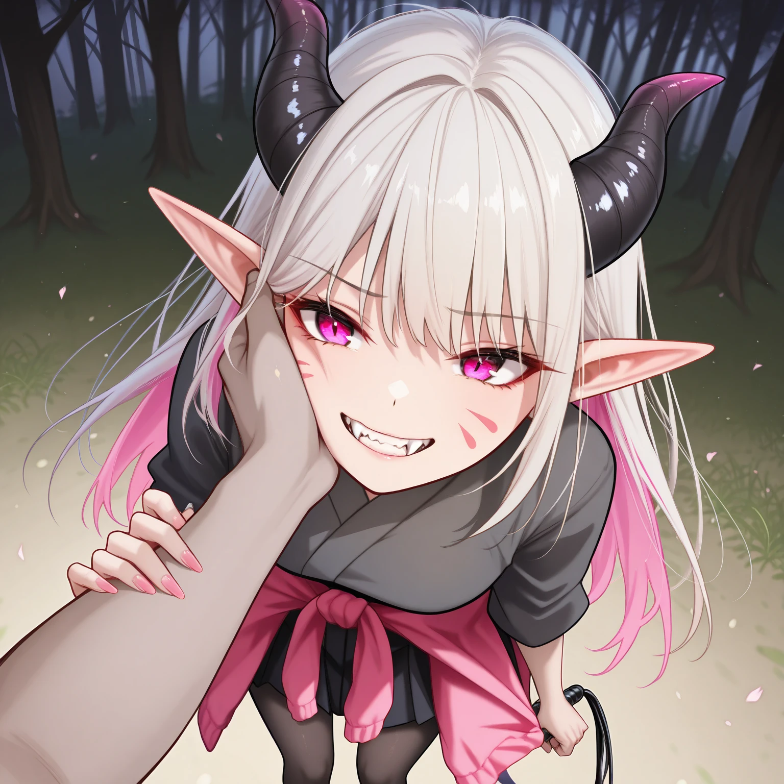 "A young, pale-skinned humanoid girl standing at 110 cm tall, with a delicate and underweight frame. Her skin is pure white with faint cherry blossom pink hues on her cheeks, elbows, and knees. She has extremely long, perfectly straight silver hair with iridescent tones, reaching the ground, and a strand partially covering her face due to her sleek, black horns with silver streaks. Her pointed elf-like ears peek out from beneath her hair. She has vibrant pink eyes that shimmer delicately, with a neutral yet subtly mischievous expression. Her sharp, jagged teeth, including prominent fangs, are visible as she slightly smirks. Her slender hands end in sharp, claw-like nails, and a long, whip-like tail extends behind her. She wears a tattered cloth around her waist, leaving most of her body exposed, and her long hair partially covers her. The background is a dark, eerie forest, enhancing her otherworldly, dangerous aura. Despite her delicate appearance, there is a menacing yet hauntingly beautiful presence about her."