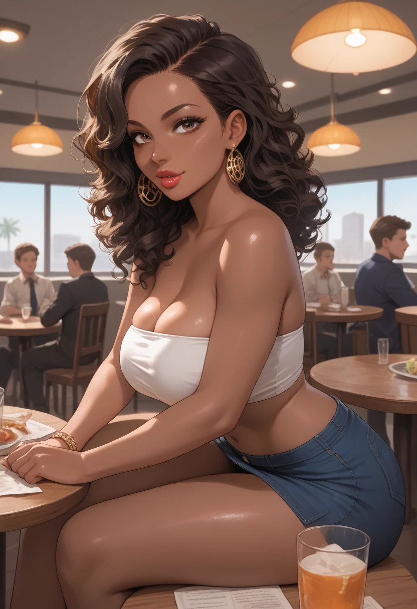 Almond-eyed Dark Mocha-skin tonned African-American woman with Short dark curly hair, juicy lips, a large chest, thick thighs, Perfect hands,. Perfect face. She is wearing a white tube top , lipgloss , and a jean plated skirt. She  is sitting in a restaurant boothwith her elbows on the table, resting her face in her hands. She is looking seductively at viewer. POV Side view