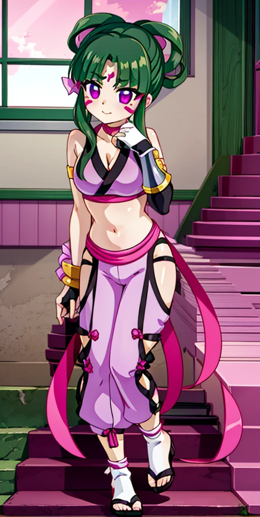 Full body, full body art,ShibukiCrush, 1girl, solo, long hair, green hair, hair ornament, gloves, pink bow, midriff, cleavage, bare shoulders, medium breasts, purple eyes, sidelocks, japanese clothes, choker, pants, facial mark, single hair bun, bridal gauntlets, ninja, 