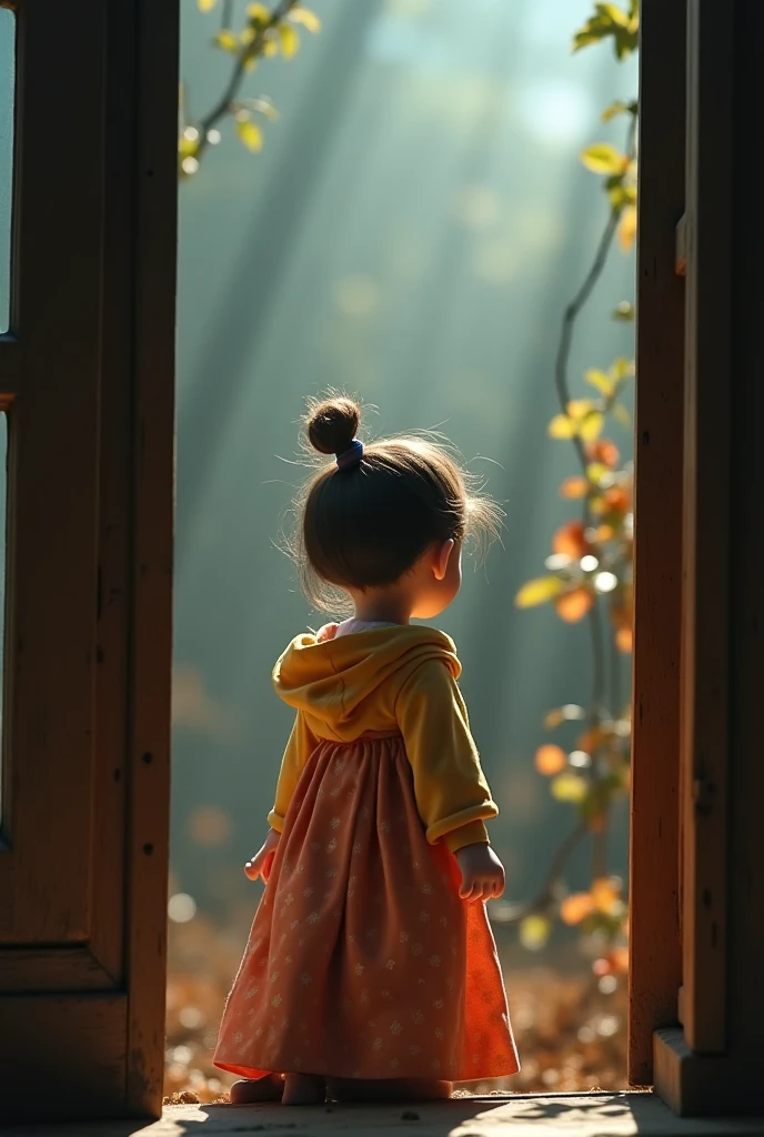 A young girl stood in the doorway,frontal photos,There is smoke on the head。, Chinese girl, hard morning light, Young Asian girl
