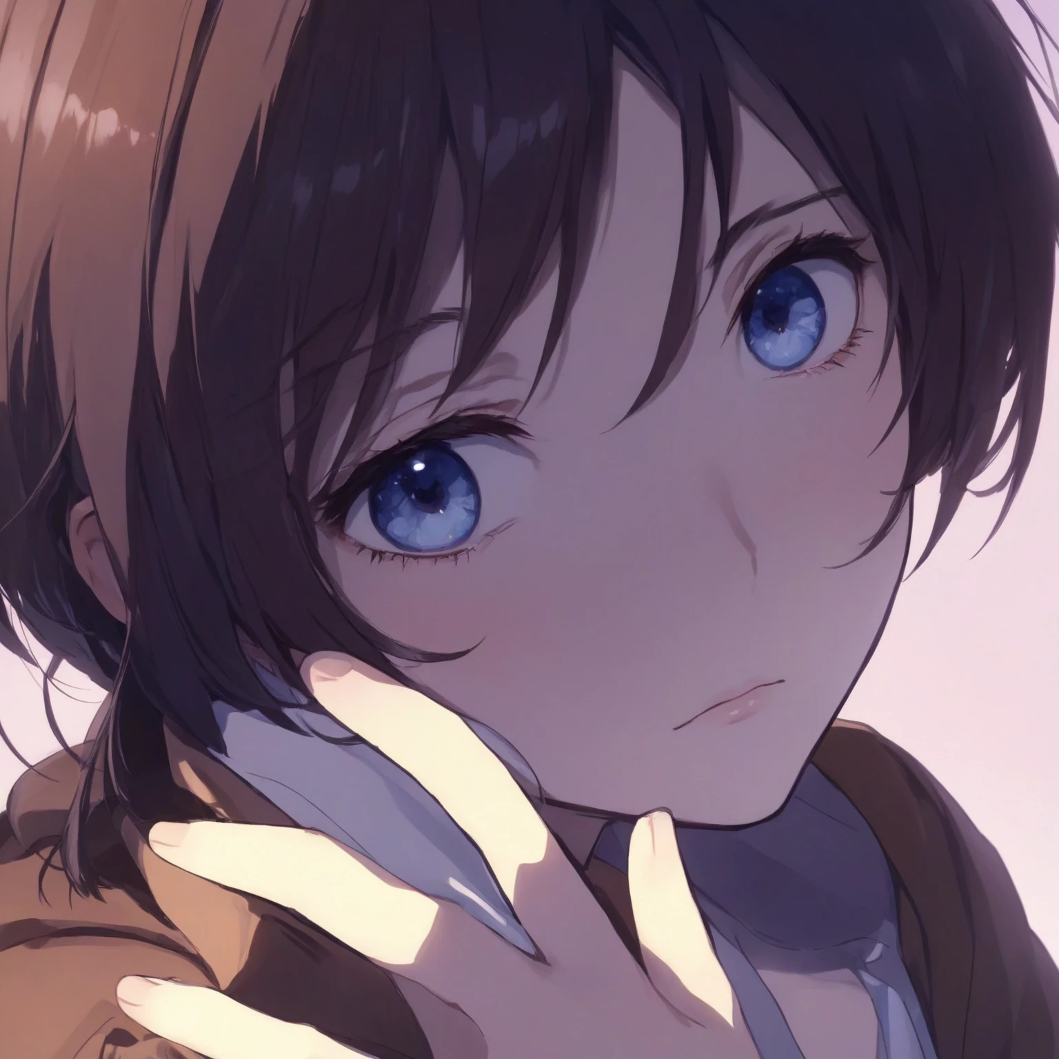  anime girl with blue eyes and brown hair holding her hand on her face, Another romance, Visual anime of a cute , Ilya Kuvshinov face, Eren Yeager, Kuvshinov Ilya, Also, with big eyes, luminous and sad , kuvshinov, Ilya Kuvshinov, Ilya Kuvshinov. 