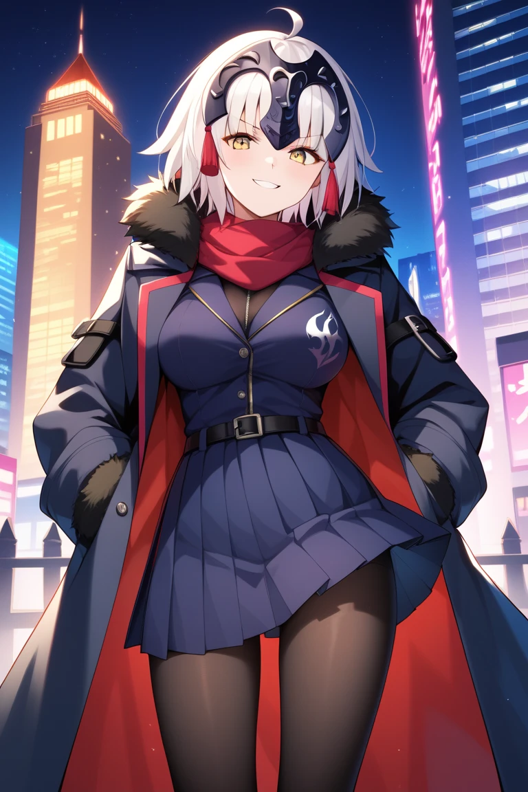 masterpiece,best quality,{{detailed beautiful face and eyes}}, 
Jeanne d'Arc Alter,{{{megami magazine}}},short hair,white hair,hair between eyes,headpiece,yellow eyes,large breasts,
(coat:1.3), jacket, long sleeves, pleated skirt, scarf,pantyhose
1girl,(is smug:1.0),
 ((standing,cowboy shot,looking at viewer:1.2)), 
(city,night:1.0),clothed