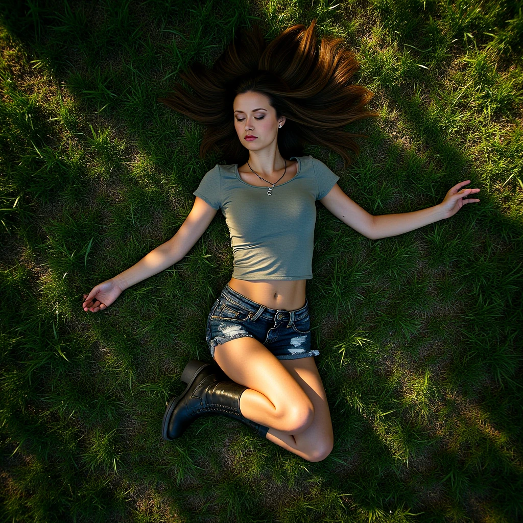 Top-down, photorealistic view of a stunning young teen lying unconscious on lush, green grass. Her arms are spread out chaotically, legs slightly bent at the knees, with her hair tangled and spread around her head. Her eyes are closed, her face expressing pain and anguish. She wears a sleek t-shirt and distressed shorts, boots, makeup, earrings, with a small, delicate silver pendant visibly catching the light on her neck. Visible injuries, like scrapes and bruises, mark her skin, contributing to a narrative of vulnerability and intrigue. Her expression is serene, eyes softly closed, suggesting a peaceful yet haunting scene. The setting is bathed in the golden hour light, with sunlight filtering through nearby trees, creating a pattern of dappled shadows across her body and the surrounding grass. Emphasize the ultra-realistic textures of both the grass and fabric, capturing every detail in a cinematic composition that balances beauty with a sense of urgency.
