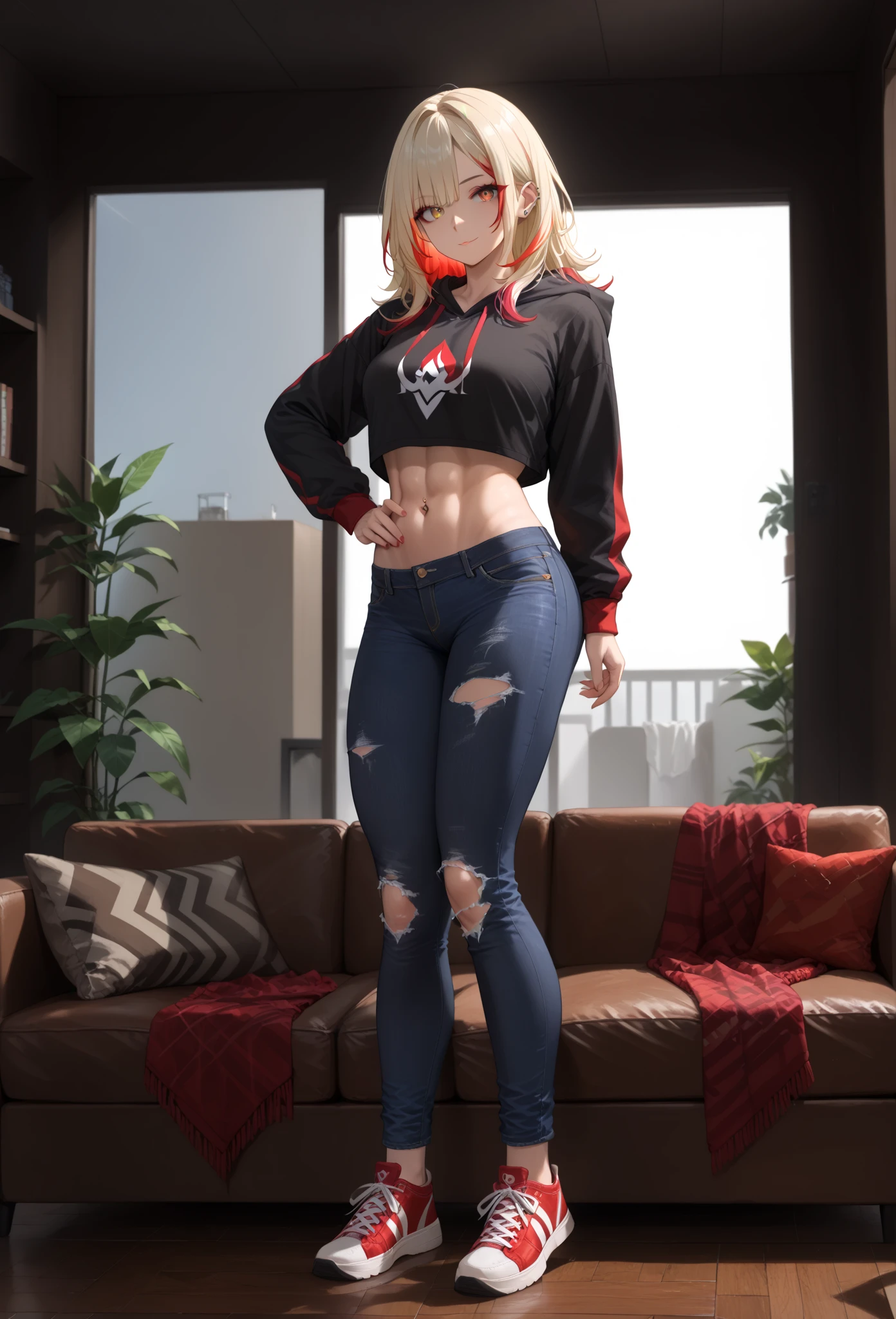 1girl, multicolored_hair, blond_hair,(blond_hair: 1.2), (red_hair_highlights: 1.5), piercing_amber_eyes, wearing_a_cropped_black_hoodie_with_flame_logo, toned_abs_visible, ripped_jeans, sneakers, standing_in_a_dorm_room_with_scattered_bags_and_laptops, casual_pose_with_one_hand_on_hip,leaning_against_back_of_couch, masterpiece, 4K, perfect_face, medium_closeup